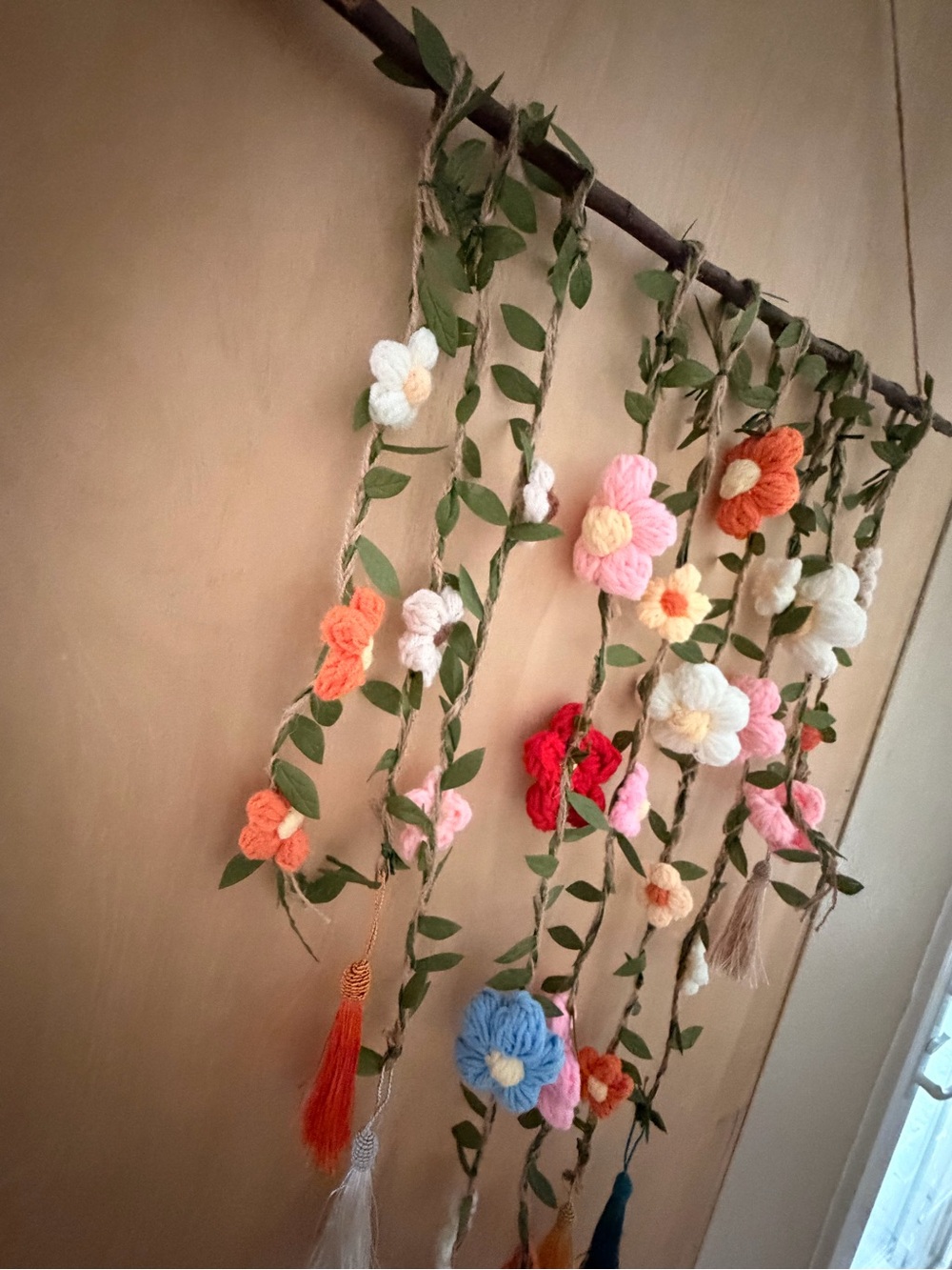 Boho style floral wall hanging with beautiful knit flowers with twine (set of 3)